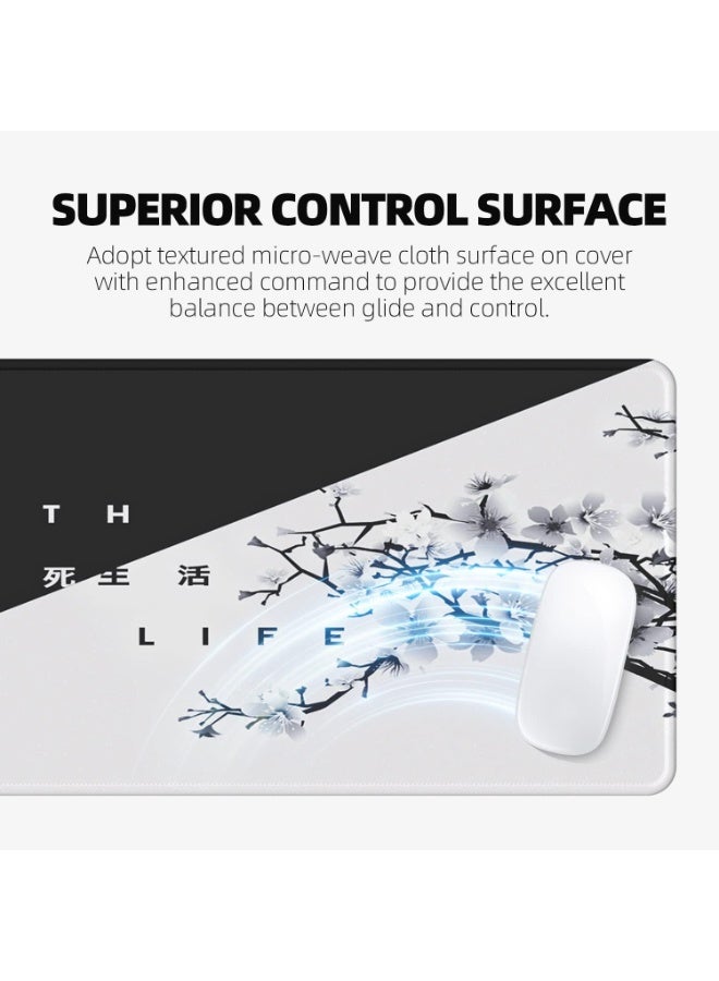 لوحة ماوس يابانية بيضاء سوداء 700*300*2مم XL زهرة الكرز الموت الحياة ساكورا لوحة ماوس كاملة مكتب لوحة ماوس كبيرة غير قابلة للانزلاق لوحة مفاتيح كبيرة مع حواف مخيطة للألعاب والمكتب - Image 5
