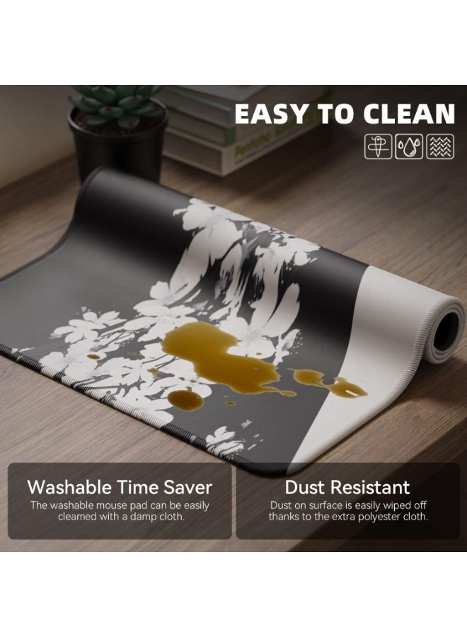 لوحة ماوس يابانية بيضاء سوداء 700*300*2مم XL زهرة الكرز الموت الحياة ساكورا لوحة ماوس كاملة مكتب لوحة ماوس كبيرة غير قابلة للانزلاق لوحة مفاتيح كبيرة مع حواف مخيطة للألعاب والمكتب - Image 4