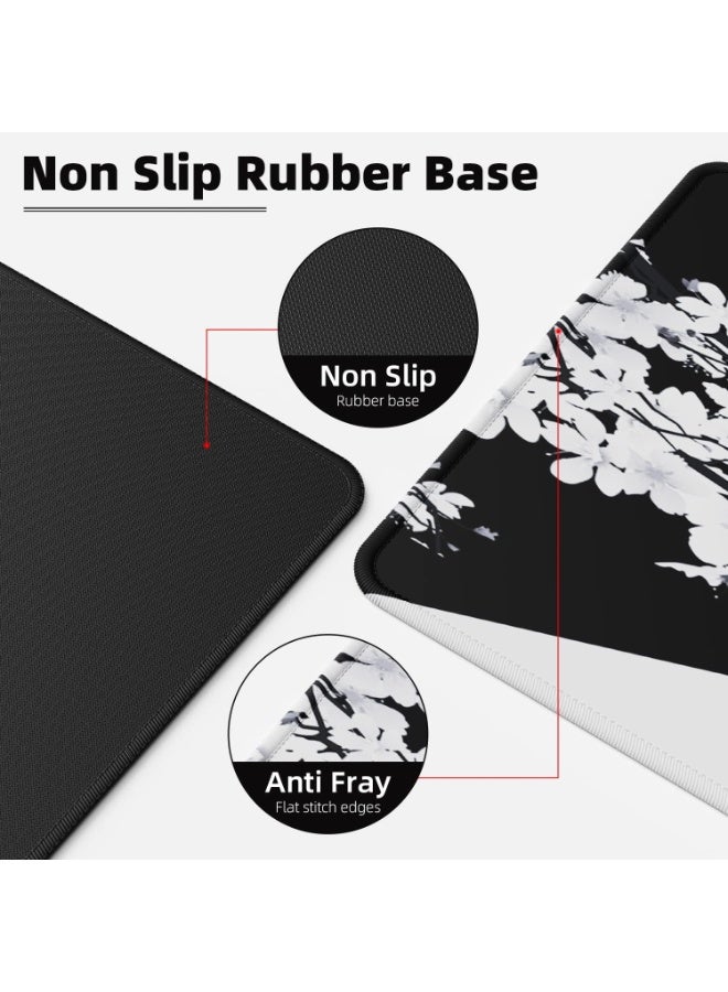 لوحة ماوس يابانية بيضاء سوداء 700*300*2مم XL زهرة الكرز الموت الحياة ساكورا لوحة ماوس كاملة مكتب لوحة ماوس كبيرة غير قابلة للانزلاق لوحة مفاتيح كبيرة مع حواف مخيطة للألعاب والمكتب - Image 3