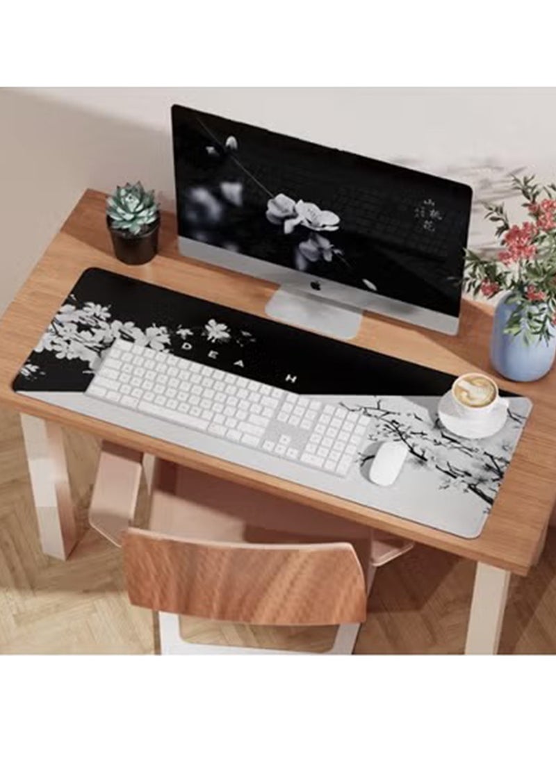 لوحة ماوس يابانية بيضاء سوداء 700*300*2مم XL زهرة الكرز الموت الحياة ساكورا لوحة ماوس كاملة مكتب لوحة ماوس كبيرة غير قابلة للانزلاق لوحة مفاتيح كبيرة مع حواف مخيطة للألعاب والمكتب - Image 2