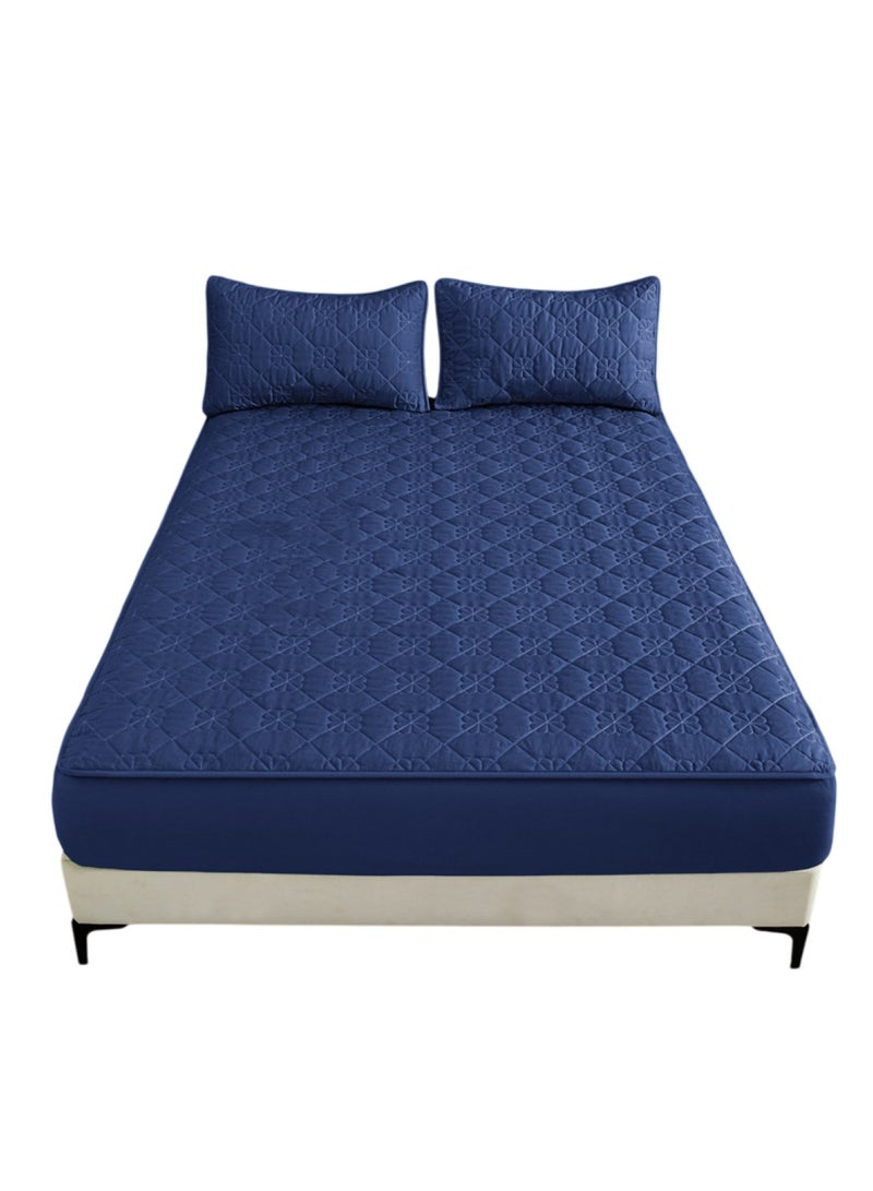 Huitich Waterproof Fitted Bedding Topper Set 180 x 200 cm Navy Blue Protect Your Mattress and Pillows Includes 2 Pillowcases - Image 1