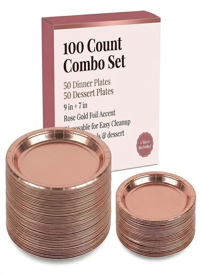 Oojami 100 Count paper plates 50-9" Dinner Paper Plates, 50-7" Dessert Paper Plates Ideal for Birthday, Party, Retirement, Gender Reveal Disposable Dinner and Dessert (Rose Gold) - Image 1