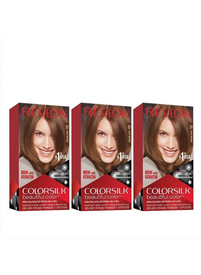 Revlon Colorsilk Beautiful Color Permanent Hair Color with 3D Gel Technology & Keratin, 100% Gray Coverage Hair Dye, 51 Light Brown, Pack of 3 - Image 1