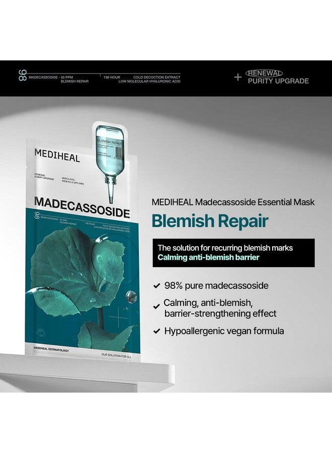 Mediheal Madecassoside Essential Sheet Mask Blemish Repair 10 pcs. 98% Purity Madecassoside & Hyaluronic Acid Included. Enhancing Moisture Barrier & Skin Texture Care. Vegan Formula Sheet Mask - Image 3