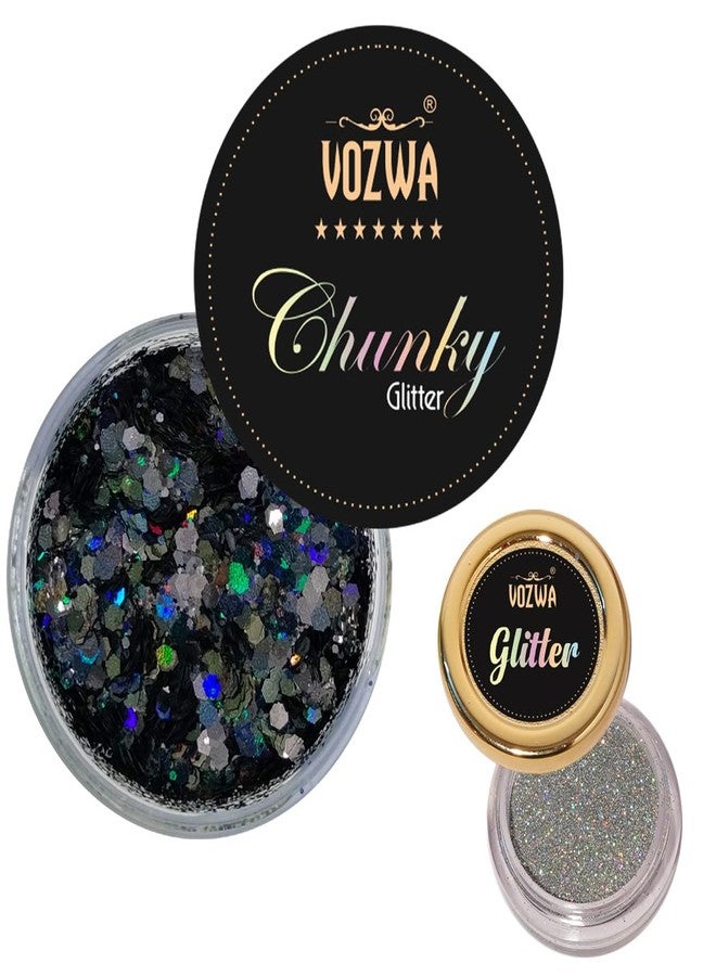 Vozwa Black Beauty Eyeshadow Chunky Glitter and Holographic Silver Eye Glitter - Image 1