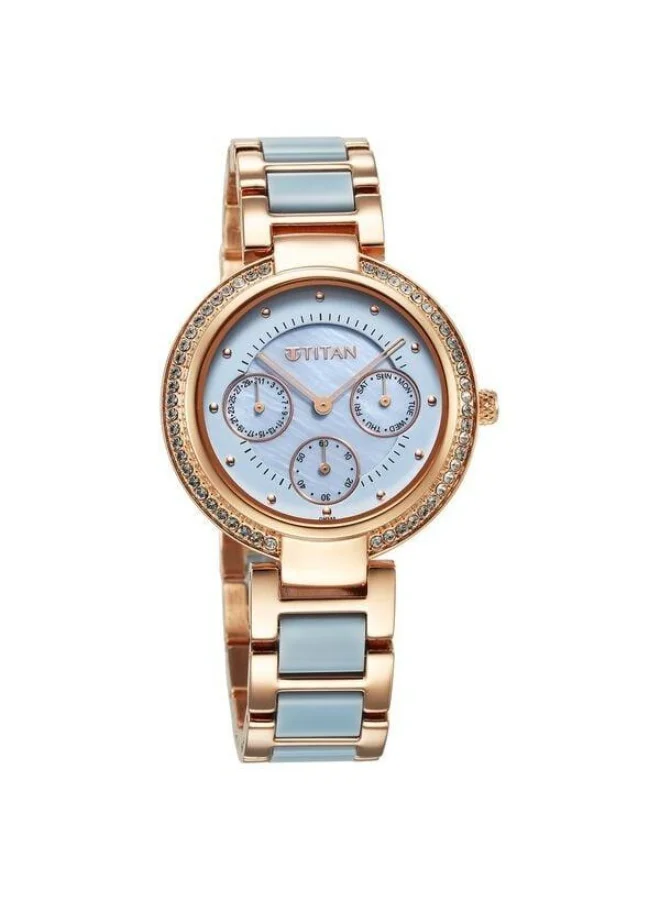 TITAN Acetate Quartz Multifunction Blue Mother of Pearl Dial Two Toned Blue & Rose Gold Metal Strap Watch for Women - 95187KD01