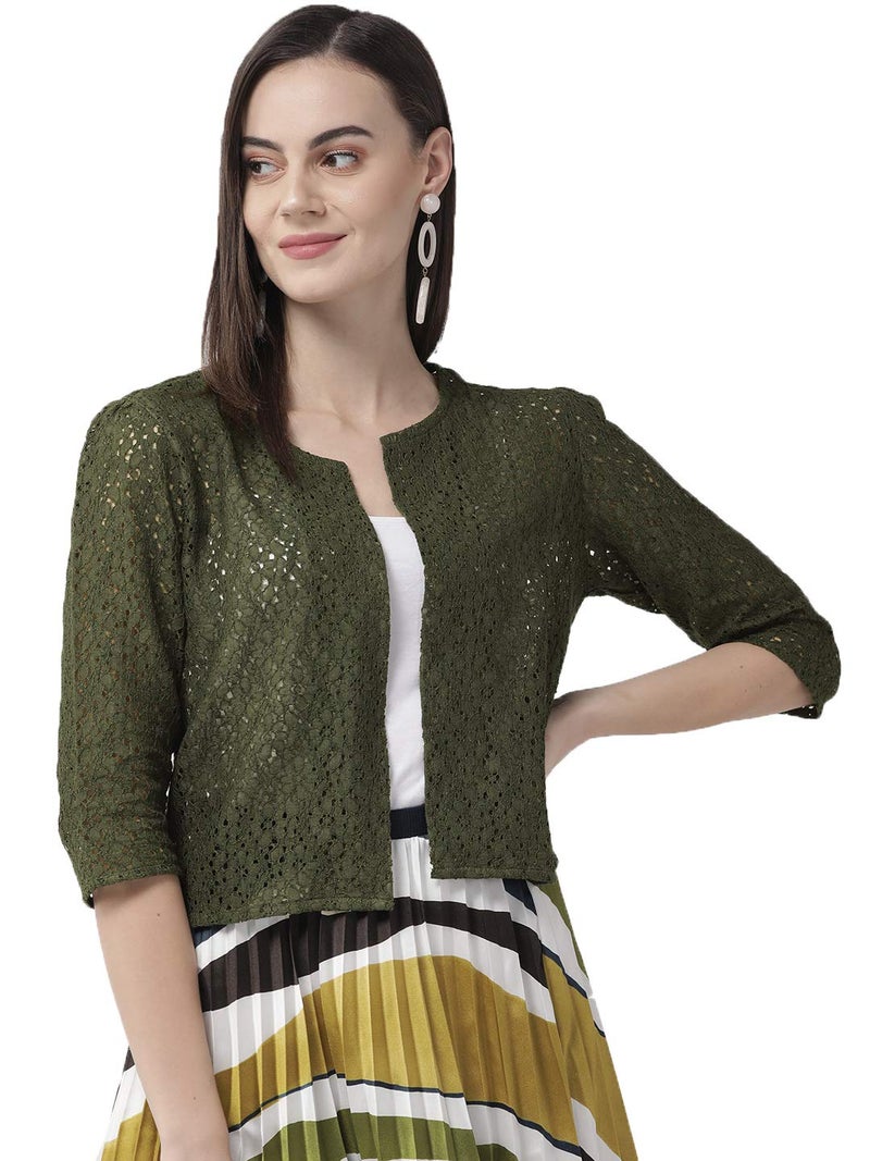 Style Quotient Women Olive Self Design Floral lace Regular Open Front Shrug - Image 1