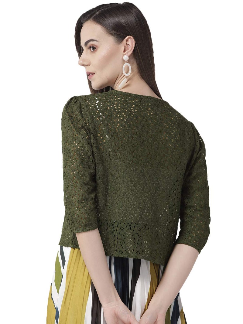 Style Quotient Women Olive Self Design Floral lace Regular Open Front Shrug - Image 5