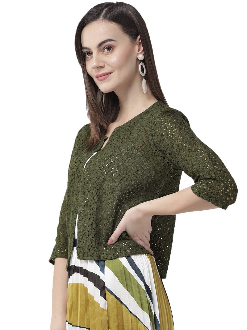 Style Quotient Women Olive Self Design Floral lace Regular Open Front Shrug - Image 4