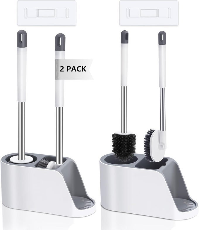 PACK OF 2 SILICONE TOILET BRUSH WITH HOLDER SET SELF ADHESIVE WALL MOUNTED AND FREE STAND SLEEK TOILET CLEANER BRUSH WITH VENTILATED DRYING STAND BATHROOM CLEANING FLOOR SCRUBBER BRUSHES