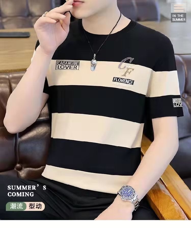 Source Manufacturer Ultra-Thin Ice Silk Breathable Short-Sleeved T-Shirt Summer Men'S Young And Middle-Aged Stripesd Half-Sleeved T-Shirt - Image 1