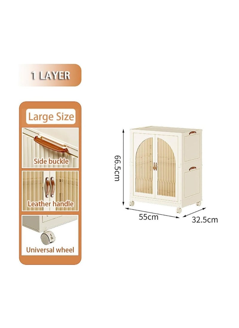 Generic Foldable Storage Bins Stackable Storage Box Organizer Plastic Folding Stoarge Wardrobe Cabinet with Doors and Wheels for Home Bedroom Dormitory Baby Clothes Snacks Toys Books (55x32.5x66.5cm, Beige)  - Image 2