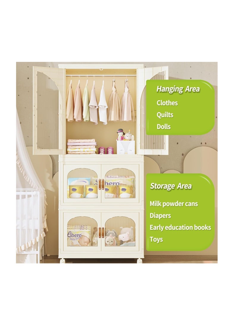 Generic Foldable Storage Bins Stackable Storage Box Organizer Plastic Folding Stoarge Wardrobe Cabinet with Doors and Wheels for Home Bedroom Dormitory Baby Clothes Snacks Toys Books (55x32.5x66.5cm, Beige)  - Image 4