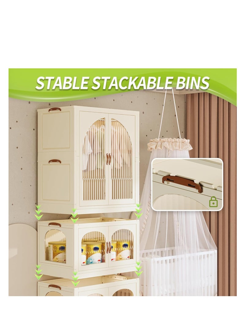 Generic Foldable Storage Bins Stackable Storage Box Organizer Plastic Folding Stoarge Wardrobe Cabinet with Doors and Wheels for Home Bedroom Dormitory Baby Clothes Snacks Toys Books (55x32.5x66.5cm, Beige)  - Image 5