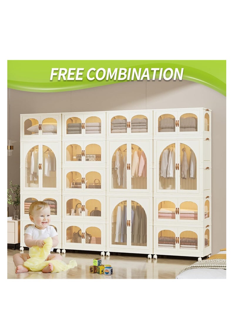Generic Foldable Storage Bins Stackable Storage Box Organizer Plastic Folding Stoarge Wardrobe Cabinet with Doors and Wheels for Home Bedroom Dormitory Baby Clothes Snacks Toys Books (55x32.5x66.5cm, Beige)  - Image 3