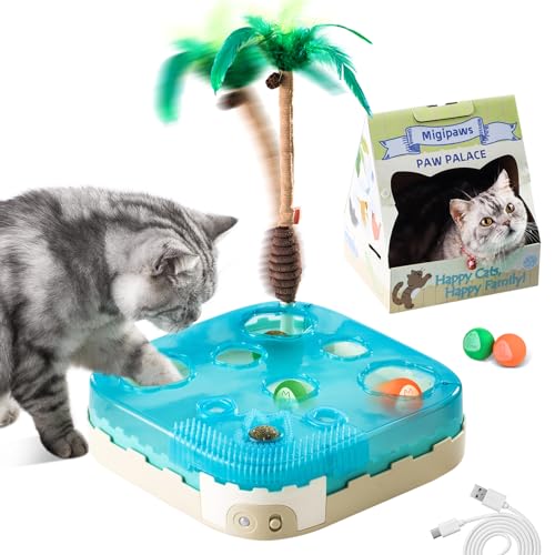 Migipaws 7in1 Interactive Cat Toy Motion Activated Indoor Playset with Automatic Pop Bounce Cat Ball Feather Palm Tree Wand Catnip Ball SelfGrooming Cardboard House Rechargeable - Image 1
