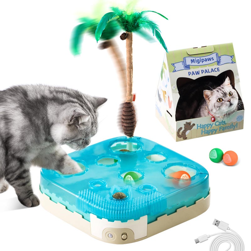 Migipaws 7in1 Interactive Cat Toy Motion Activated Indoor Playset with Automatic Pop Bounce Cat Ball Feather Palm Tree Wand Catnip Ball SelfGrooming Cardboard House Rechargeable - Image 2