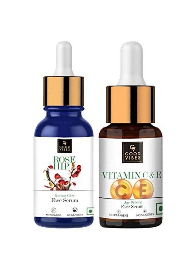 Good Vibes Face Serums Combo Pack Of 2 ; Rose Hip Radiant Glow Face Serum And Vitamin C & E Age Defying Face Serum (10 Ml X 2) ; Natural Light Weight Non Greasy Moisturizing Formula For All Skin Types  - Image 2