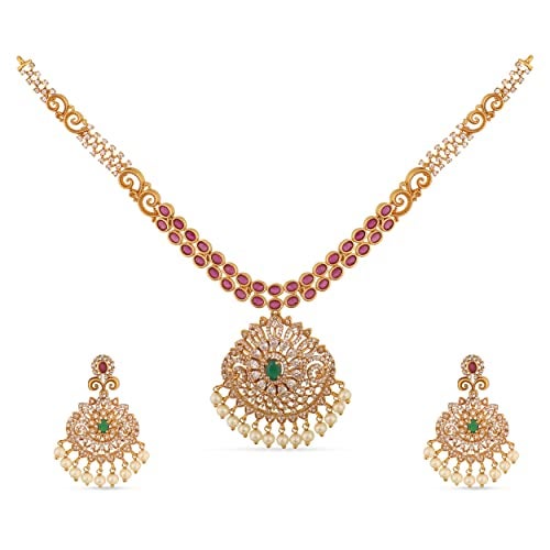TARINIKA Gold Plated Brass Antique Nakshatra CZ Short Necklace Set with Earrings for Women Indian Jewelry Set Desi Necklace Pearl Fashion Jewelry Gift for Her (Riya Antque) - Image 1