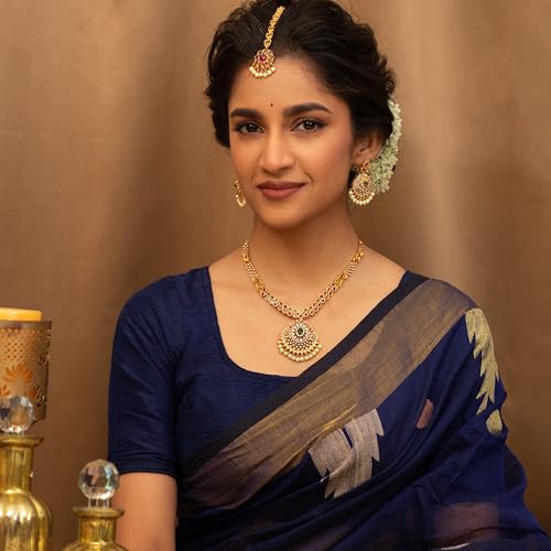 TARINIKA Gold Plated Brass Antique Nakshatra CZ Short Necklace Set with Earrings for Women Indian Jewelry Set Desi Necklace Pearl Fashion Jewelry Gift for Her (Riya Antque) - Image 2