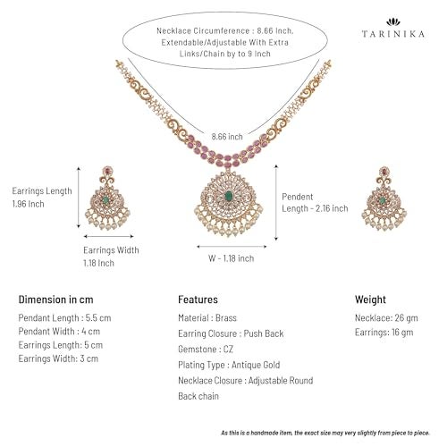 TARINIKA Gold Plated Brass Antique Nakshatra CZ Short Necklace Set with Earrings for Women Indian Jewelry Set Desi Necklace Pearl Fashion Jewelry Gift for Her (Riya Antque) - Image 5