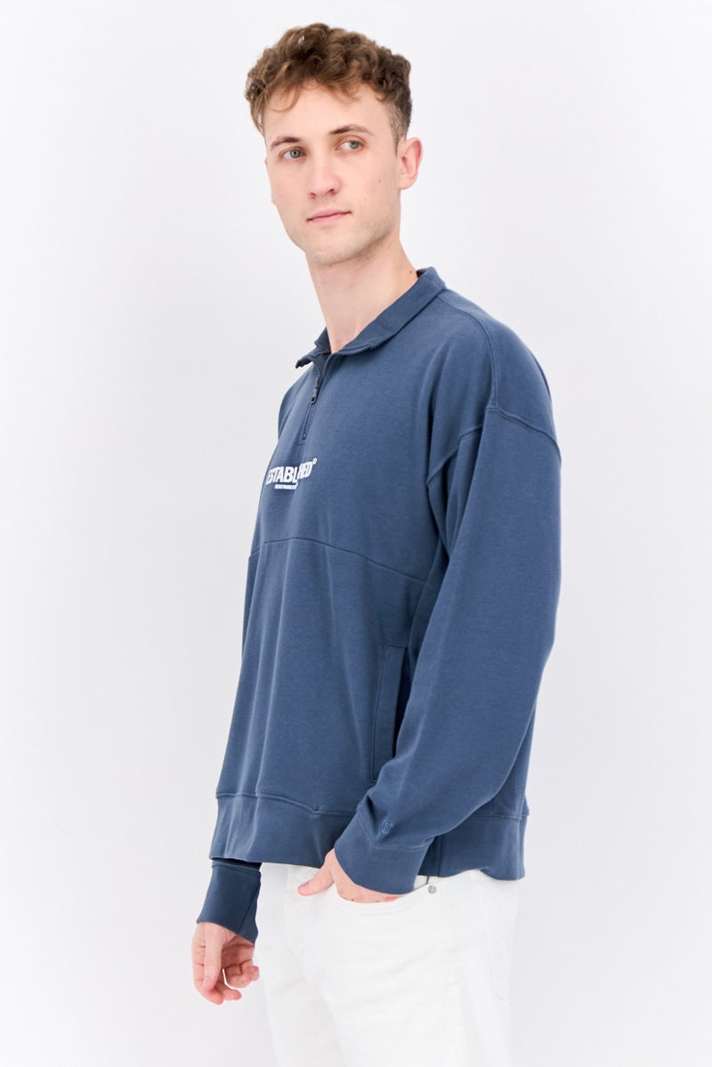 Established Redefining Essentials Men High Neck Long Sleeves Brand Logo Sweatshirt, Slate Blue - Image 2