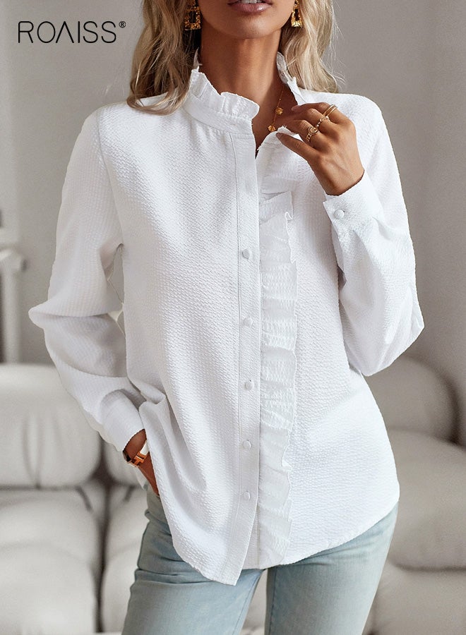 رويس قميص نسائي بأكمام طويلة، بلوزة جديدة للخريف/الشتاء بياقة من الدانتيل مع فتحة أزرار، بلوزة أنيقة للارتداء المهني، ياقة جذابة، تصميم ملائم لشكل الجسم، ملابس مكتب متعددة الاستخدامات، لون أبيض - Image 1