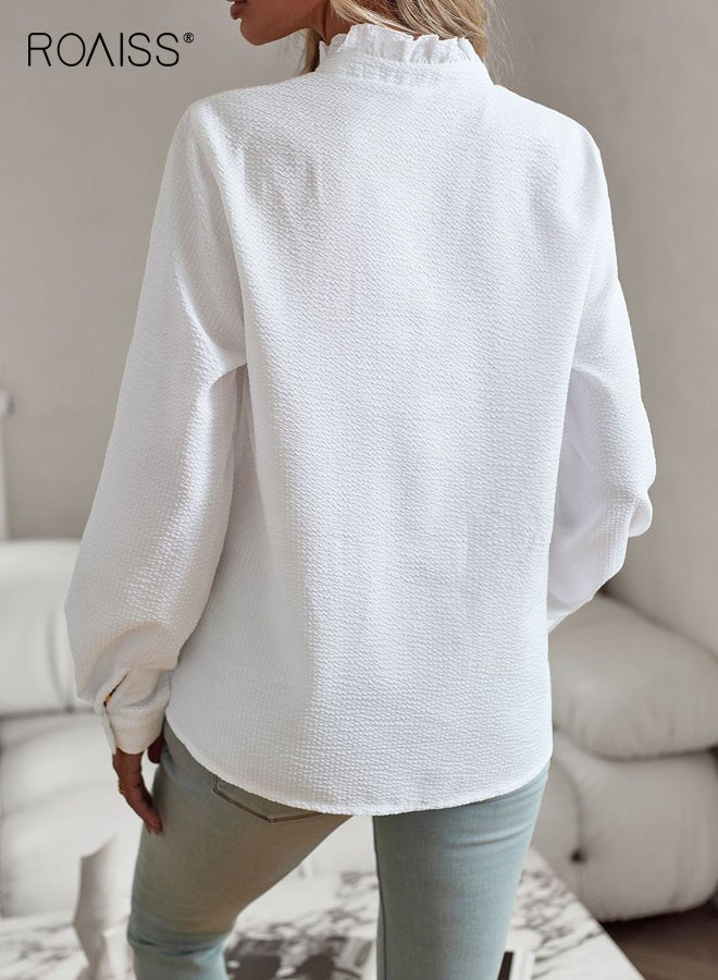 رويس قميص نسائي بأكمام طويلة، بلوزة جديدة للخريف/الشتاء بياقة من الدانتيل مع فتحة أزرار، بلوزة أنيقة للارتداء المهني، ياقة جذابة، تصميم ملائم لشكل الجسم، ملابس مكتب متعددة الاستخدامات، لون أبيض - Image 4