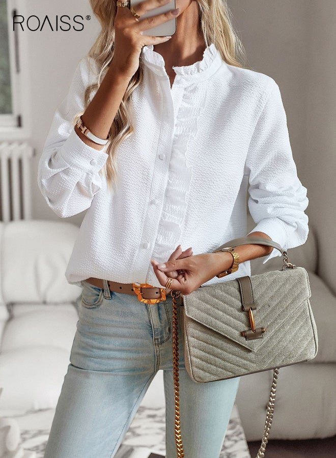 رويس قميص نسائي بأكمام طويلة، بلوزة جديدة للخريف/الشتاء بياقة من الدانتيل مع فتحة أزرار، بلوزة أنيقة للارتداء المهني، ياقة جذابة، تصميم ملائم لشكل الجسم، ملابس مكتب متعددة الاستخدامات، لون أبيض - Image 2