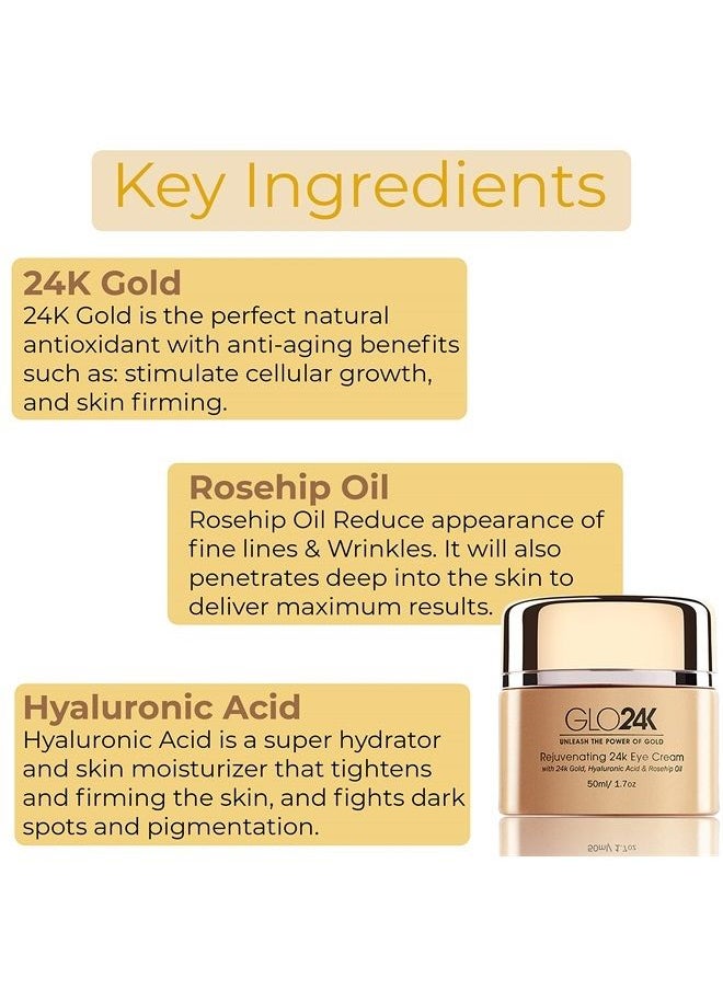 GLO24K UNLEASH THE POWER OF GOLD GLO24K Eye Cream with 24k Gold, Hyaluronic Acid, Rosehip Oil, and Vitamins. Minimizes wrinkles and fine-lines around the eyes.  - Image 3