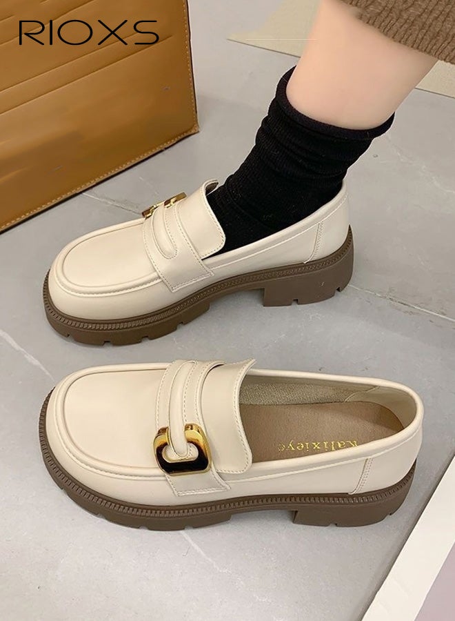 RIOXS Women's Chunky Platform Loafers, Casual Comfortable Leather Slip on Loafers, Business Work Oxford Dressy Shoes with Metal Buckle for Dating Vacation Party, Beige - Image 4