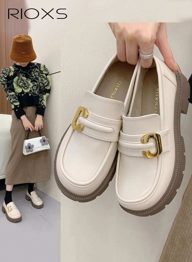 RIOXS Women's Chunky Platform Loafers, Casual Comfortable Leather Slip on Loafers, Business Work Oxford Dressy Shoes with Metal Buckle for Dating Vacation Party, Beige - Image 5