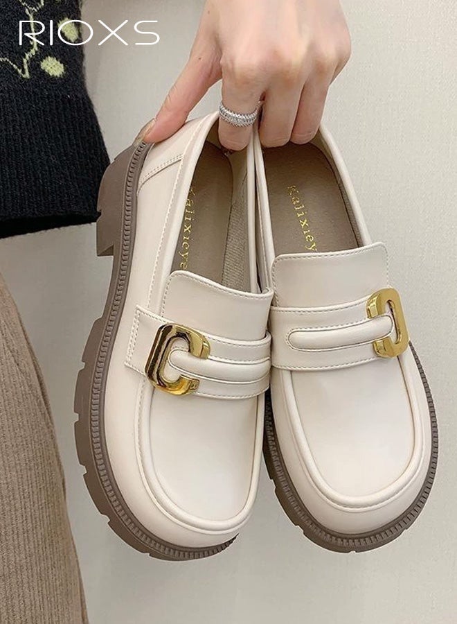 RIOXS Women's Chunky Platform Loafers, Casual Comfortable Leather Slip on Loafers, Business Work Oxford Dressy Shoes with Metal Buckle for Dating Vacation Party, Beige - Image 2