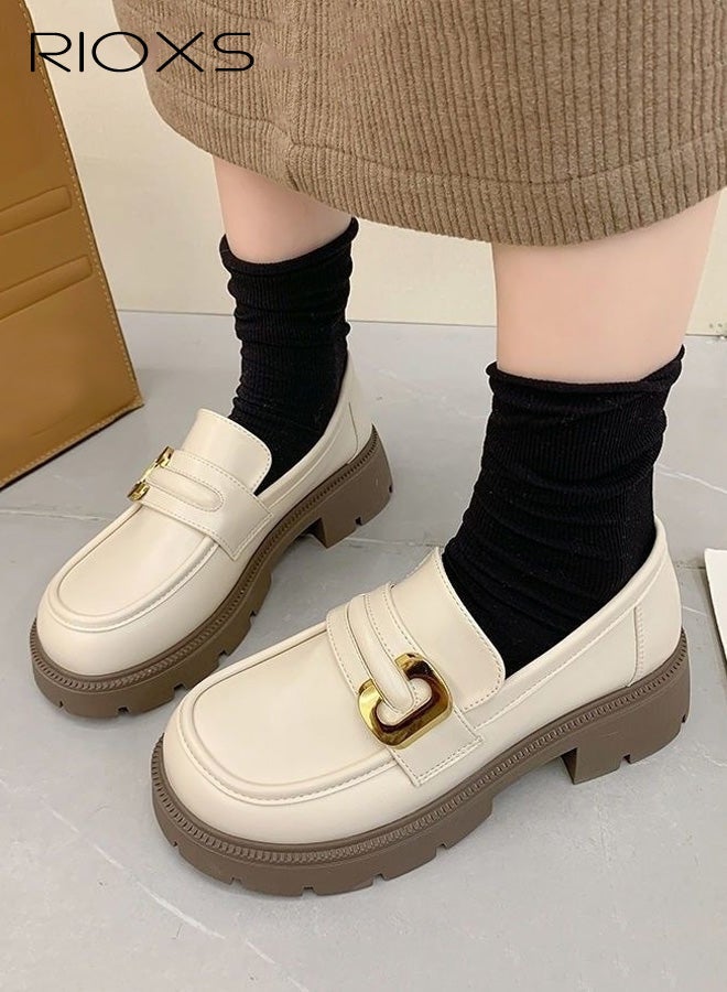 RIOXS Women's Chunky Platform Loafers, Casual Comfortable Leather Slip on Loafers, Business Work Oxford Dressy Shoes with Metal Buckle for Dating Vacation Party, Beige - Image 1