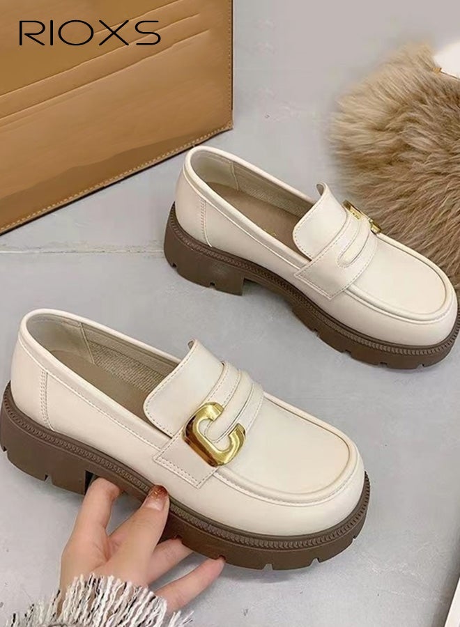 RIOXS Women's Chunky Platform Loafers, Casual Comfortable Leather Slip on Loafers, Business Work Oxford Dressy Shoes with Metal Buckle for Dating Vacation Party, Beige - Image 3