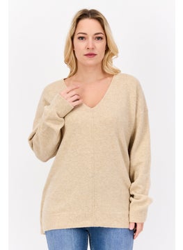 Women V-Neck Textured Sweater, Beige