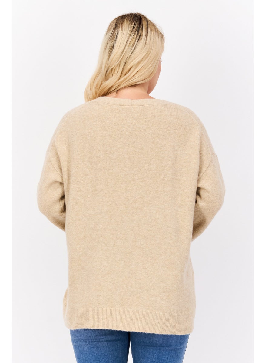 ESPRIT - Women V-Neck Textured Sweater, Beige - Image 1