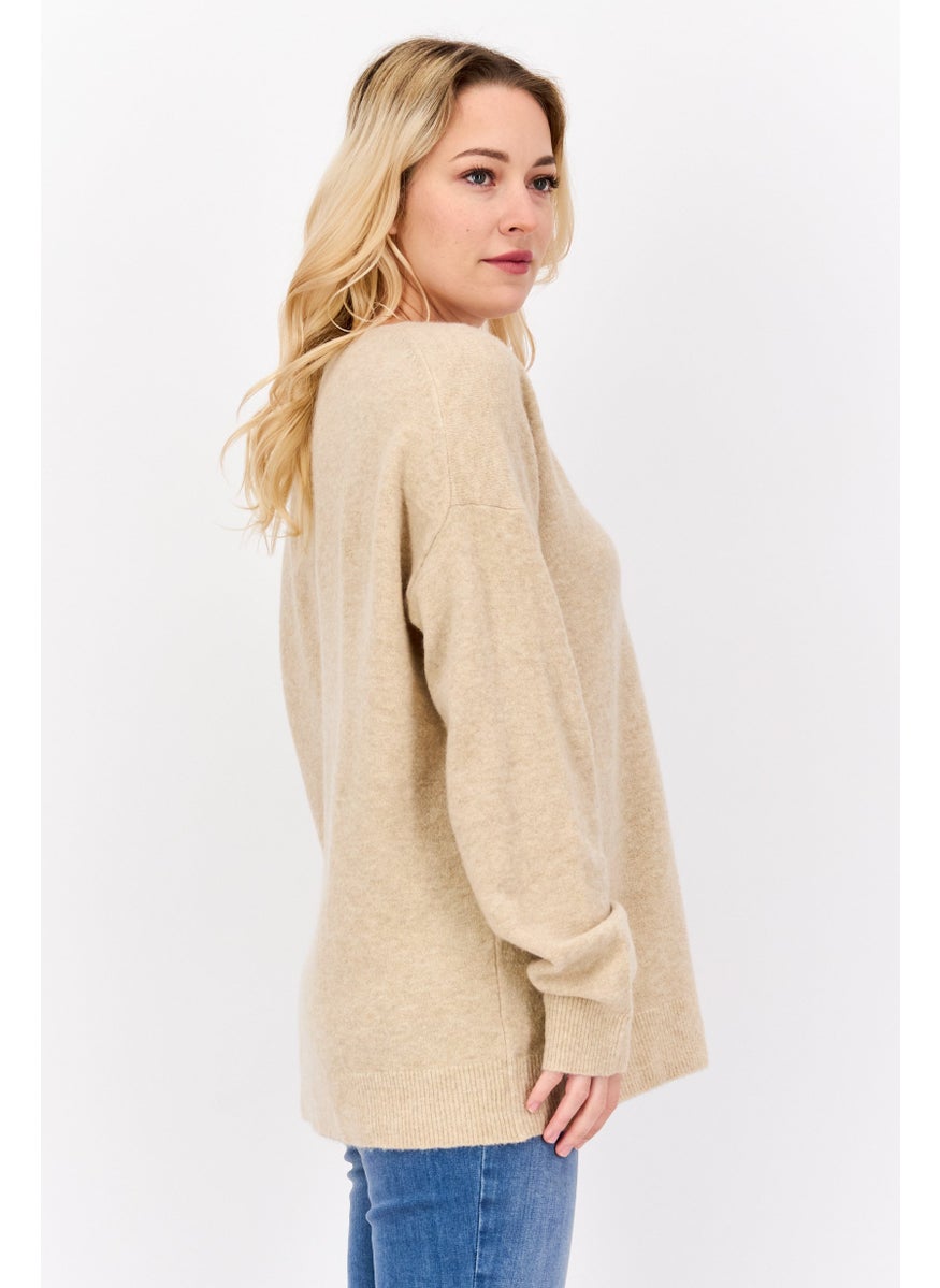 ESPRIT - Women V-Neck Textured Sweater, Beige - Image 1