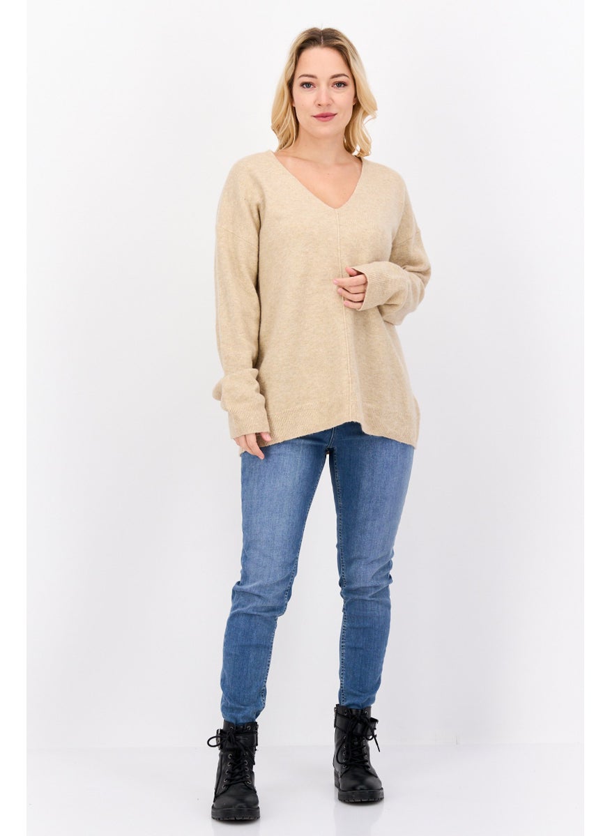 ESPRIT - Women V-Neck Textured Sweater, Beige - Image 1
