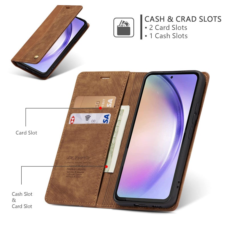 QLTYPRI Wallet Case for Samsung Galaxy A15 4G/5G, Vintage PU Leather Folio Case with Card Slots Kickstand Magnetic Closure Shockproof Flip Phone Cover for Samsung Galaxy A15 4G/5G - Retro Brown - Image 2