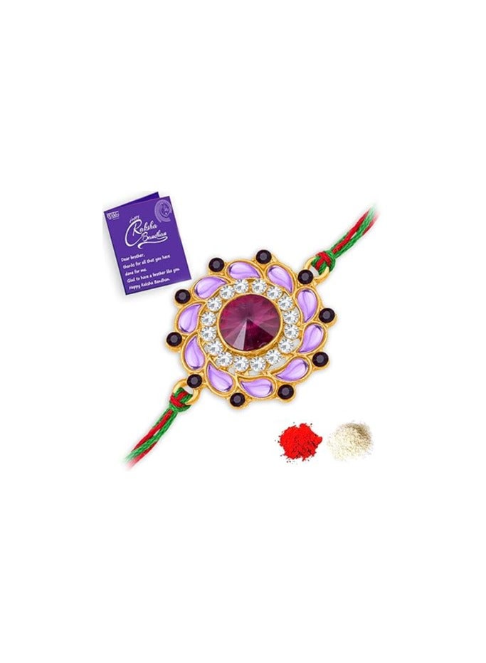 سوكهي Sukhi Rakhi مصمم زهور كوندان أنيق مطلي بالذهب راخي فاخر للأخ مع رولي شوال وبطاقة تهنئة راخي لبهايا راخي للرجال كوندان راخي - Image 1