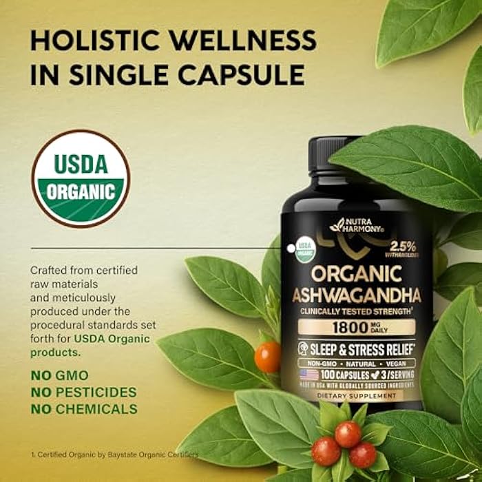 NUTRAHARMONY Ashwagandha Supplements 1800mg - USDA Organic Ashwagandha for Women & Men - Clinically Effective Strength for Stress Relief & Sleep - Powder & Root Extract 2.5% Withanolides - Made in USA 100 Capsules - Image 4