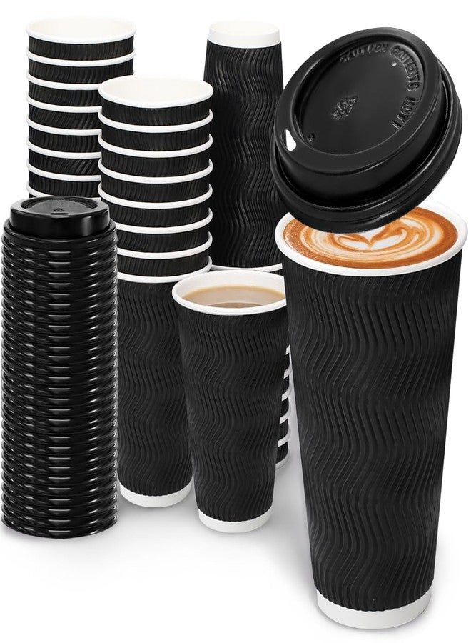 BYSNOW 100 Pack 16 oz Coffee Cups with Lids, Disposable Insulated Hot Cups To Go Paper Coffee Cups, Corrugated Ripple Wall Cup for Hot Drink, Office, Coffee Bar (Black 16 oz) - Image 1