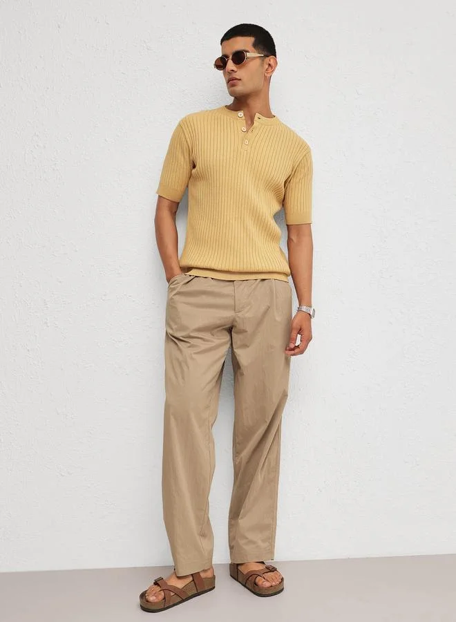 ساسافراس Men Beige Rib Relaxed Fit Henley T-Shirt