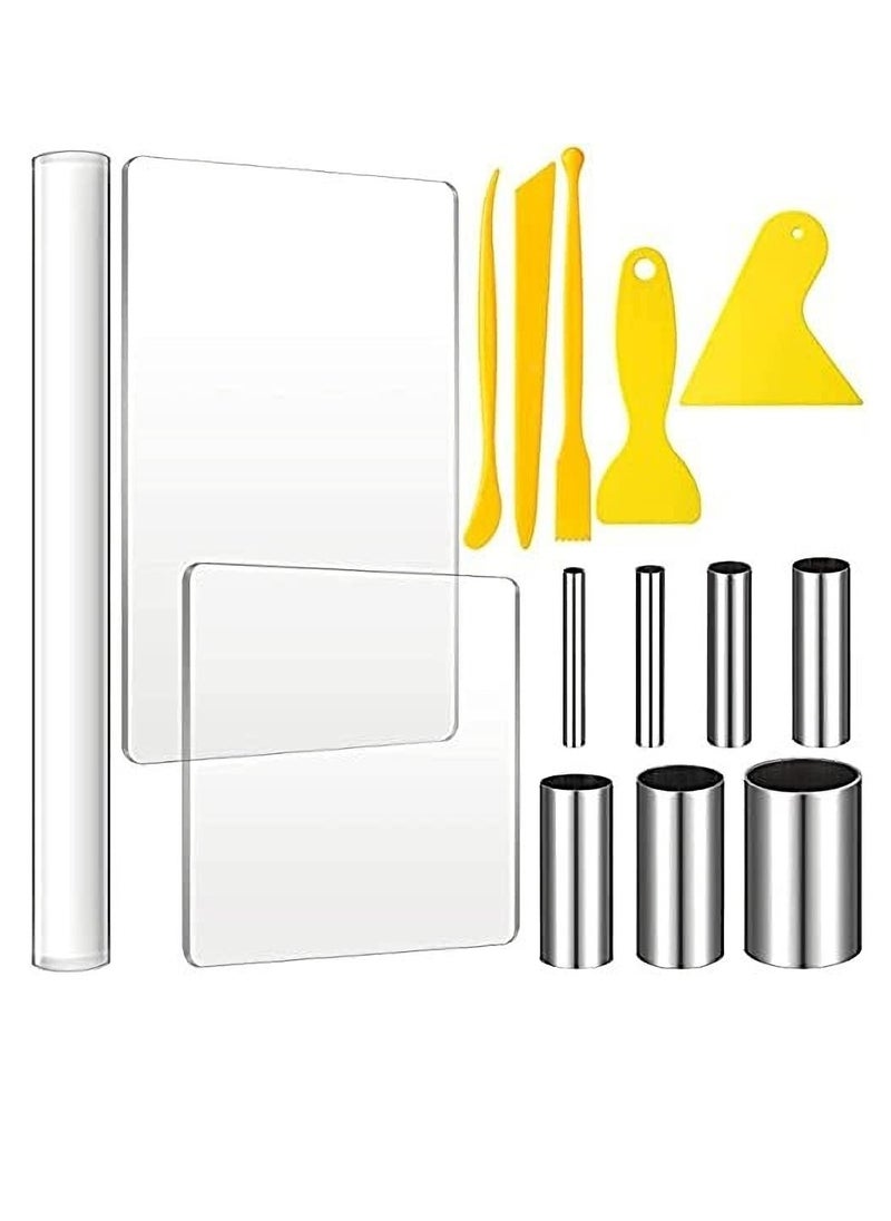 Excefore - 15 PCS Polymer Clay DIY Tool Set Includes Acrylic Roller Sheets Plastic Scraper Backing Board Stainless Steel Round Circle Shape Cutter Modeling - Image 1