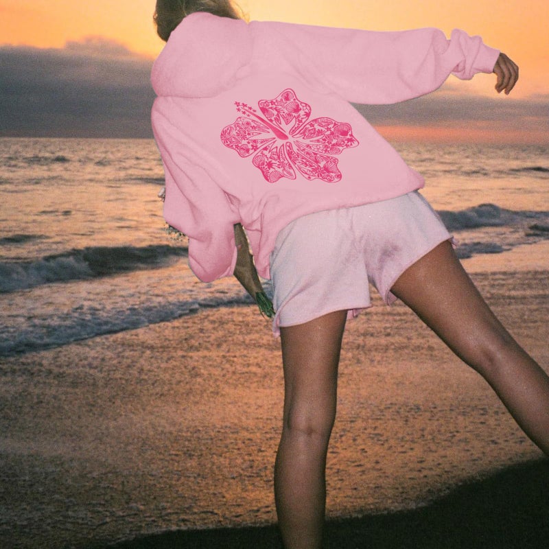 Lubpow Womens Cute Pink Flower Hoodie Aesthetic Preppy Hawaiian Hibiscus Sweatshirt Casual Puff Graphic Hoodies Pullover Tops(Pink,S) - Image 5