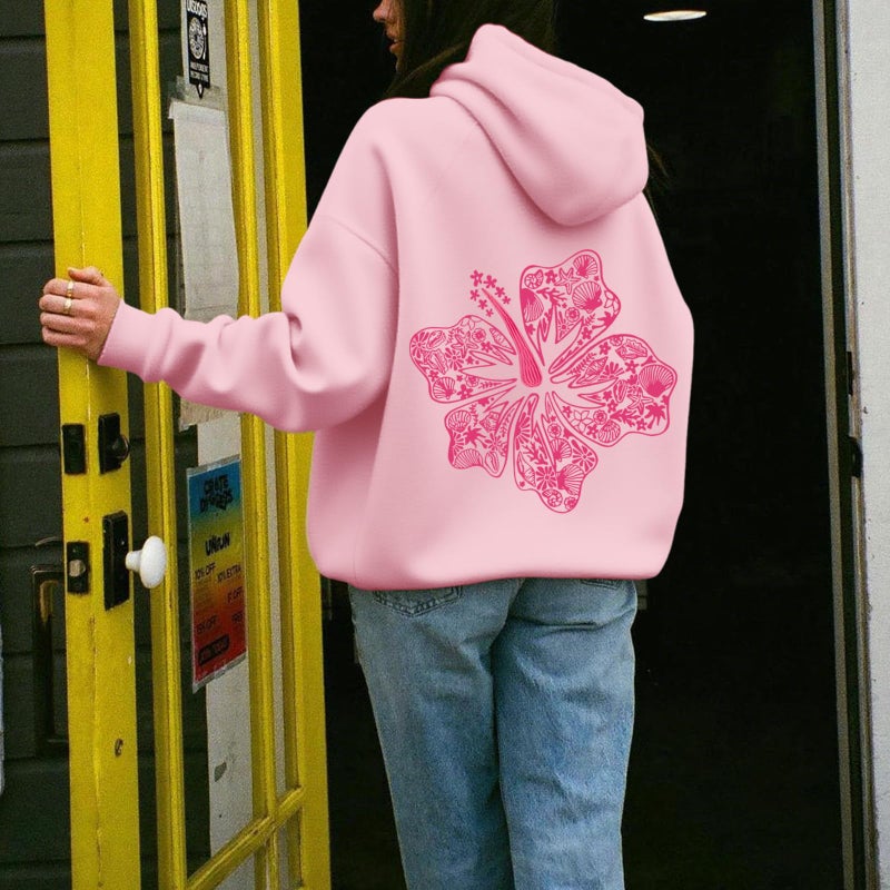Lubpow Womens Cute Pink Flower Hoodie Aesthetic Preppy Hawaiian Hibiscus Sweatshirt Casual Puff Graphic Hoodies Pullover Tops(Pink,S) - Image 3