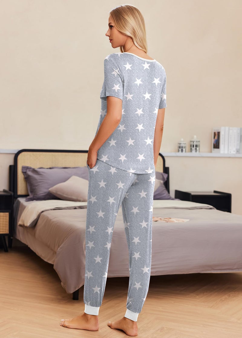 Ekouaer Pajamas for Women Set 2 Piece Lounge Set Short Sleeve Pjs Joggers Long Pants Sleepwear with Pockets - Image 5