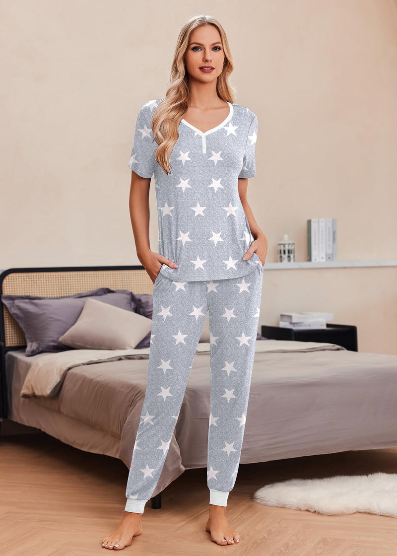 Ekouaer Pajamas for Women Set 2 Piece Lounge Set Short Sleeve Pjs Joggers Long Pants Sleepwear with Pockets - Image 4