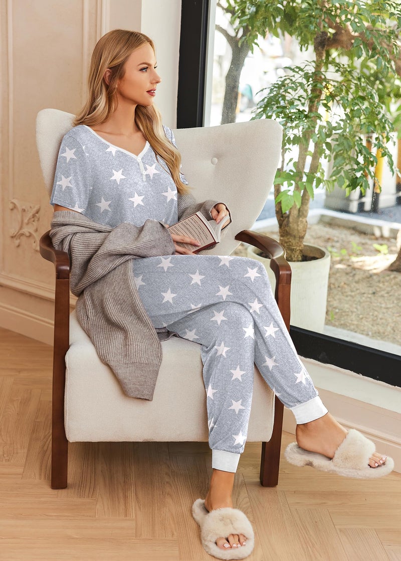 Ekouaer Pajamas for Women Set 2 Piece Lounge Set Short Sleeve Pjs Joggers Long Pants Sleepwear with Pockets - Image 3